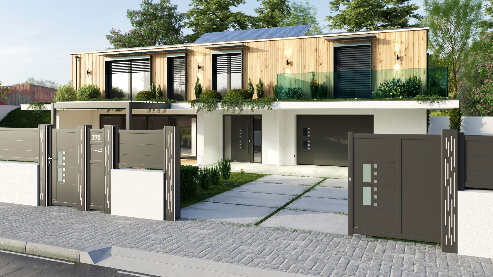 trinome aluminium - portail, porte d'entrée et porte de garage